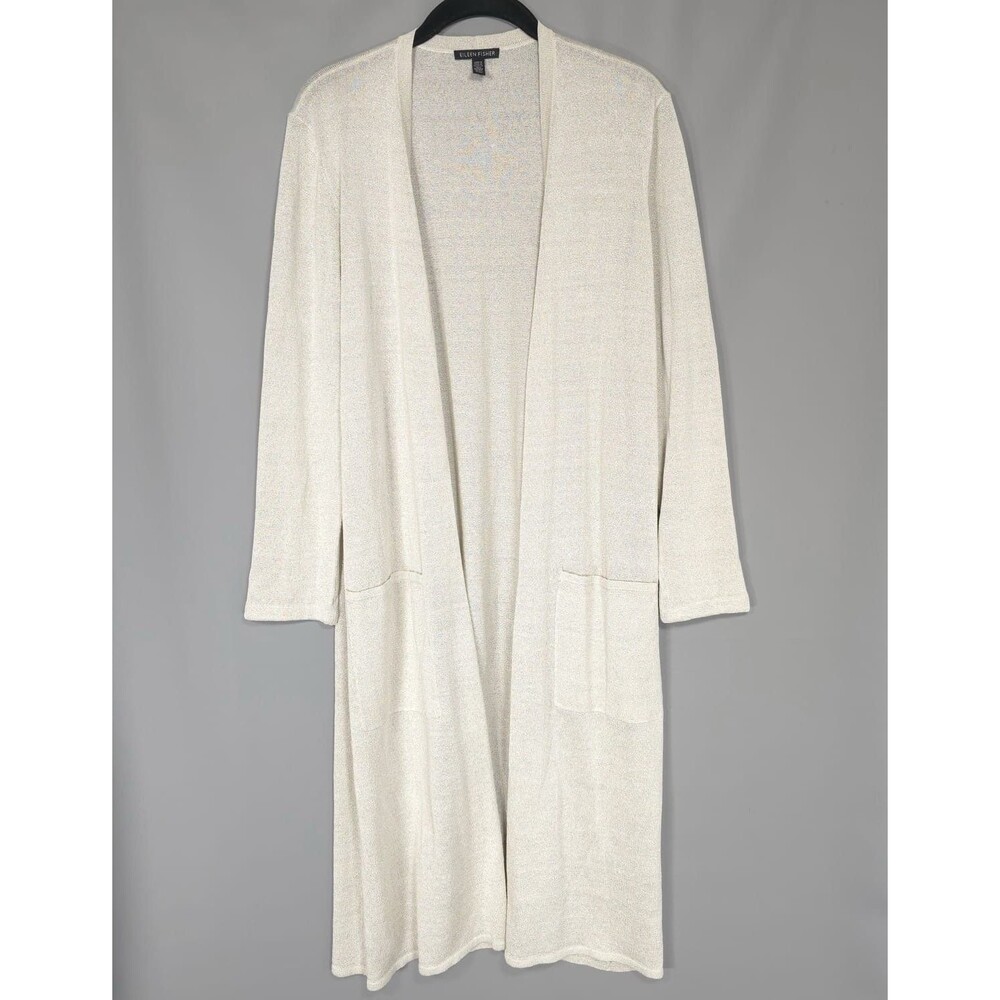 EILEEN FISHER Long Cardigan MEDIUM Organic Linen Metallic Beige Sweater R19UHM